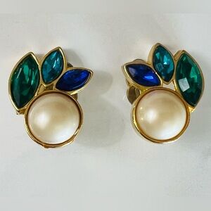 1980s Crystals & faux pearl clip earrings